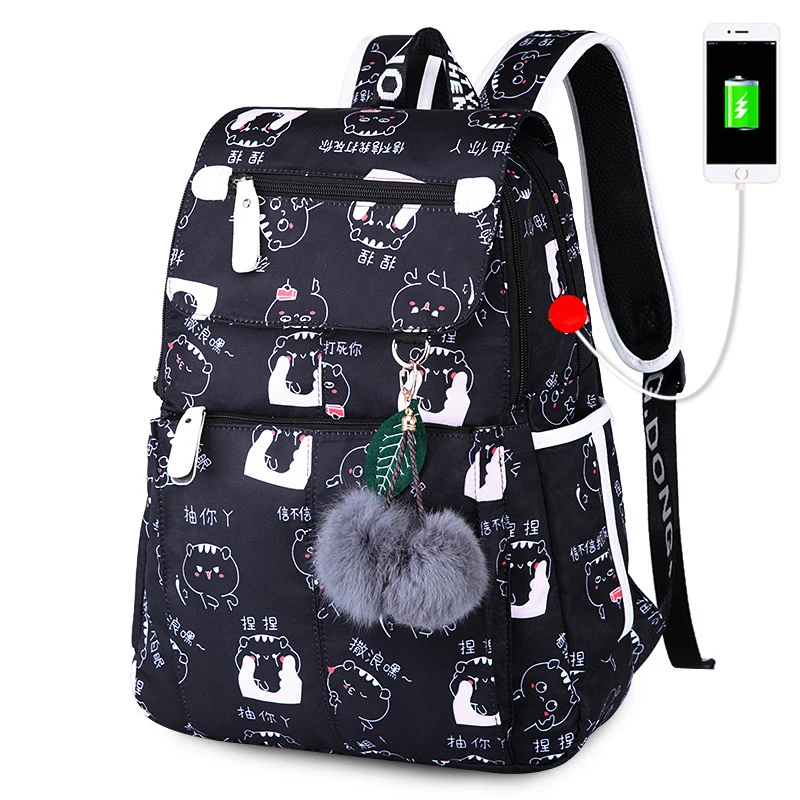 
women canvas printing college student backpack girls book bag wholesale school bags for teenagers with usb charging 