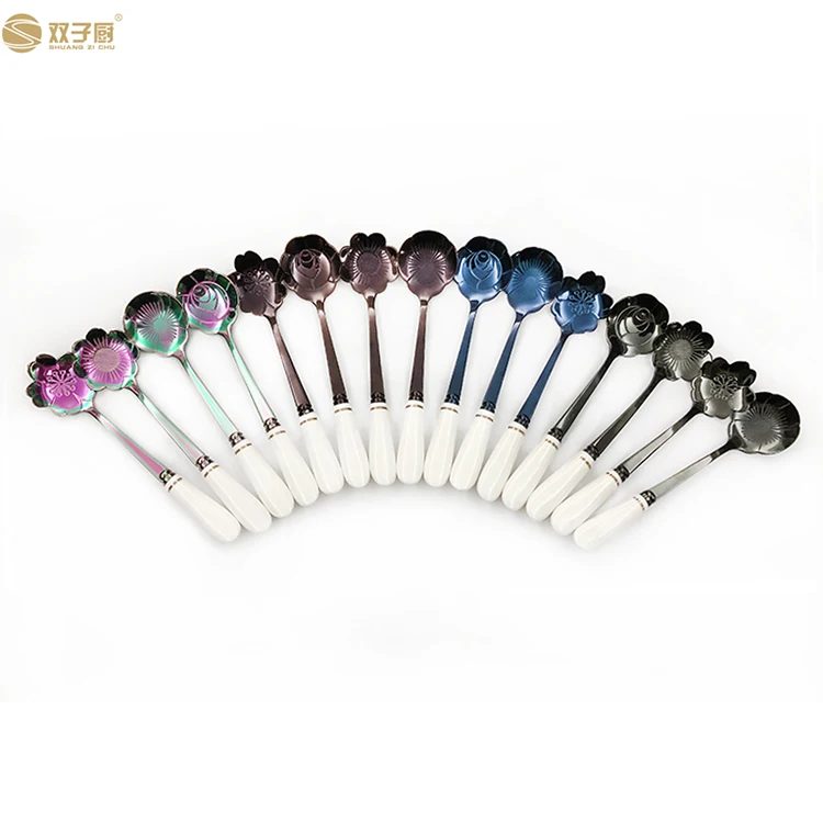 Colorful 4pcs dessert spoon ice cream flower gold spoon with ceramic handle tiny spoon