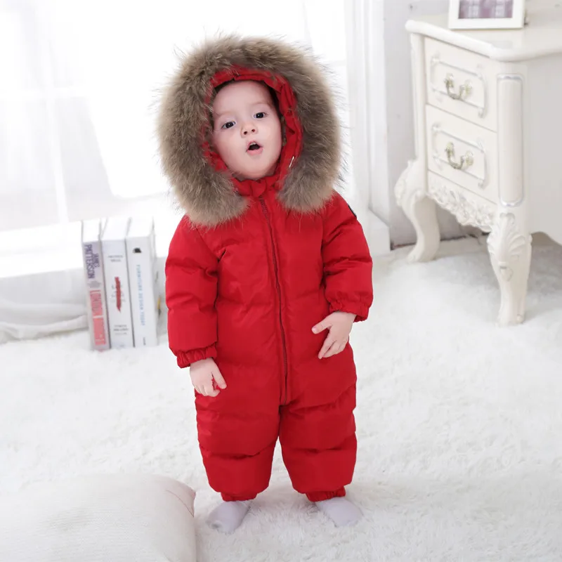 
Winter Children Warm Baby Coveralls Down Coat Duck Down Padded Coat Wholesale Baby Hooded Down Coat With Big Raccoon Fur Collar 