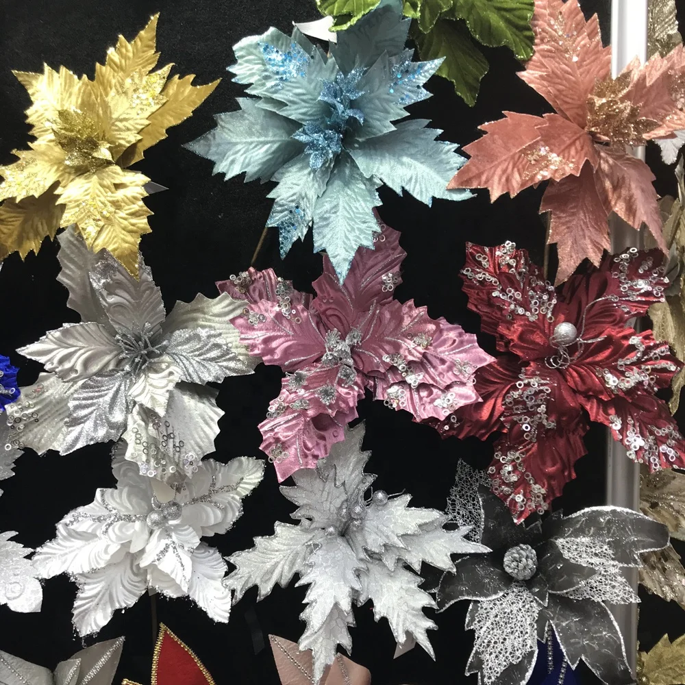 Artificial poinsettia Christmas plastic flower decorations picks for christmas wreath decor