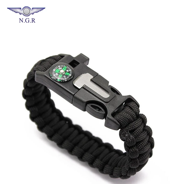Factory hot selling 550 survival bracelet with compass flint fire starter whistle and tactical gear for outdoor survival