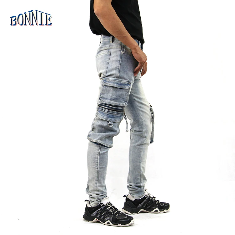new PUNK STYLE pants urban Denim cargo pants side pockets jeans for men