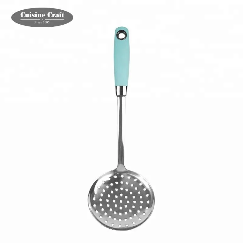 Hot selling kitchen utensils stainless steel strainer filter oil skimmer with blue comfort handle