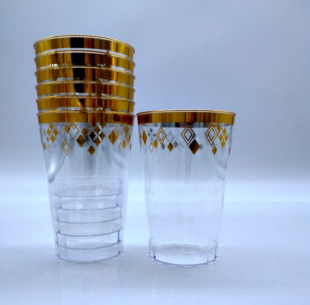 10 oz Plastic Disposable Rose Gold Trim Wedding and Party Tumblers plastic cups