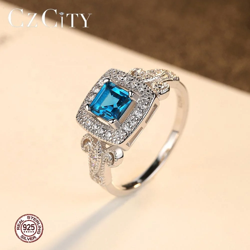 CZCITY Real 925 Sterling Silver Blue Color Topaz Stone Fashion Blue Engagement Ring White Gold Plated