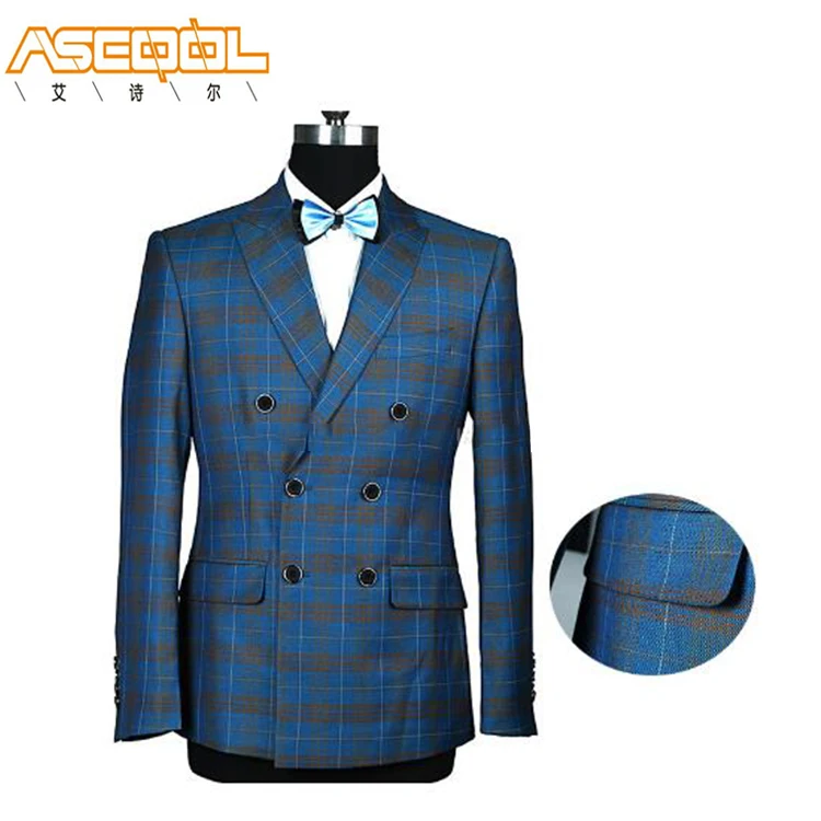 New design wholesale blue plaid polyester coat men slim fit wedding suits body fitness