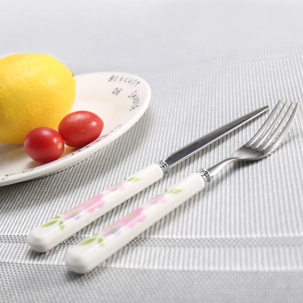 Cathylin flora ceramic handle stainless steel 18-10 dinner dessert silver spoon cutlery, flatware set