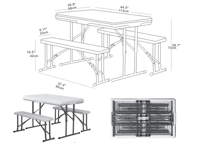 Folding Table and Chair Picnic and Beer Plastic Outdoor Table Steel Tube with Powder Coated Modern 95x23x42cm 113x68cm