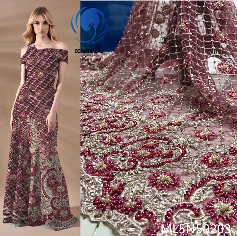 Beautifical embroidery high quality party lace beads tulle luxury wedding fabric ML5N592