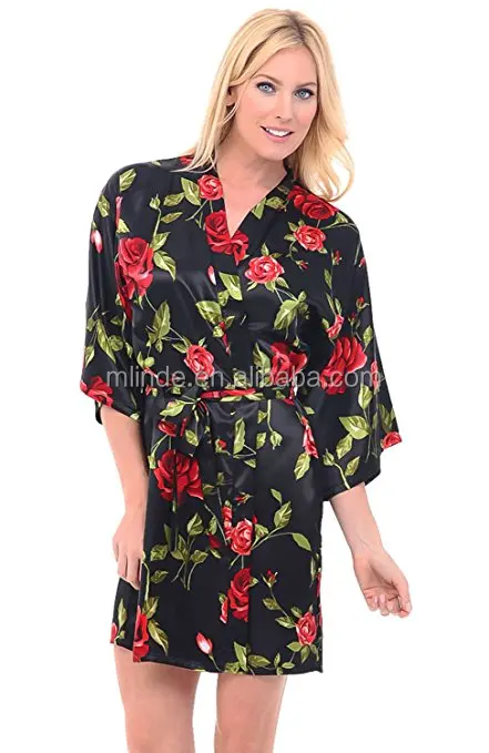 Chic Leopard Printed Sleep Dress For Sexy Ladies Satin Kimono Robe Mid-Length Dress Gown Wholesale Western Apparel