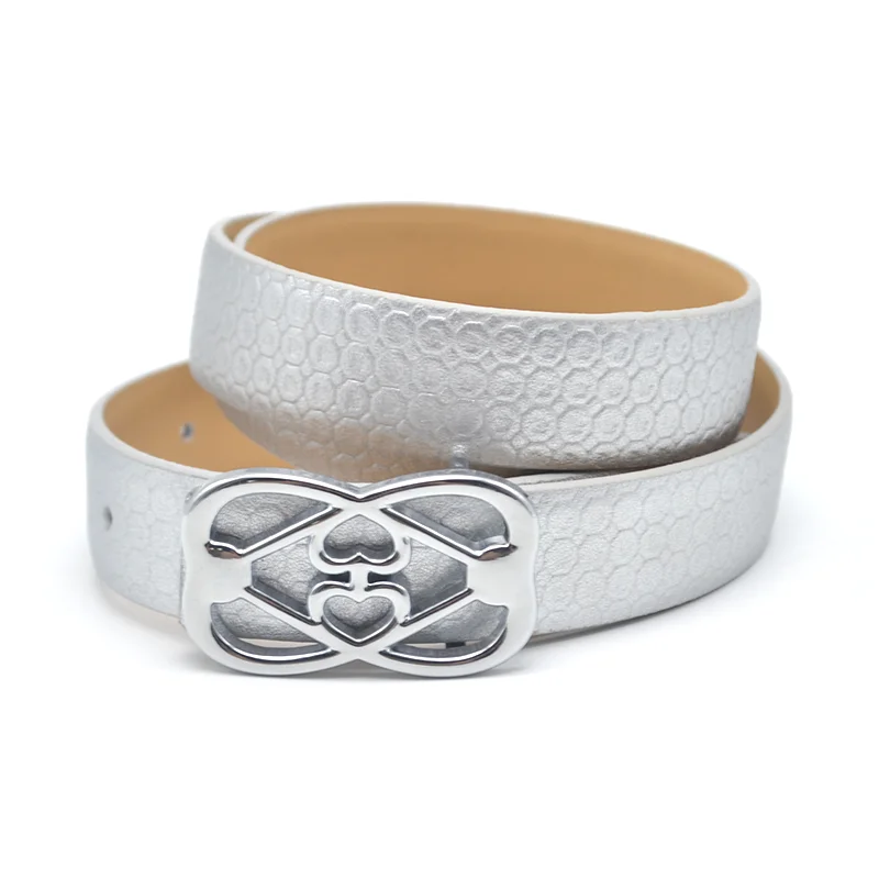 Carosung Wholesale 25mm Custom Pattern Designers Metal Plate Buckle Silver PU Vegan Leather Dress Belts Women Fashion Belt