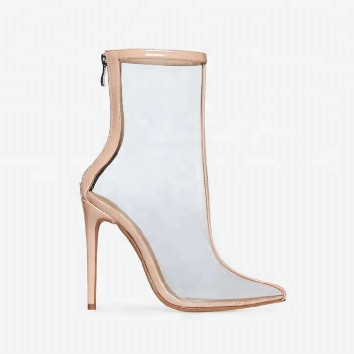 On sale bottom price transparent PVC classy sexy Ladies Fashion shoes pointed toe stiletto high heel ankle boots