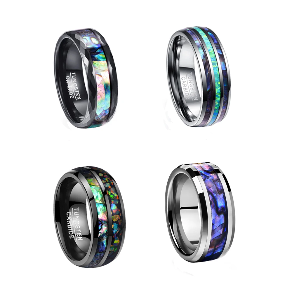 Wholesale 8mm IP Black Inlaid Shell Opal Dome Wedding Bands Tungsten Steel Rings For Men Jewelry