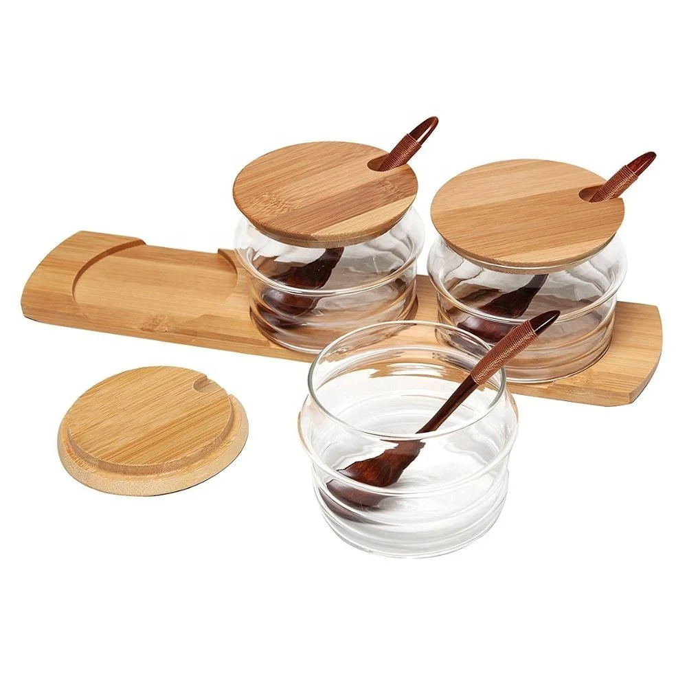 Glass Condiment Jars with bamboo tray and wood spoon for  sugar bowls, tea storage, holding dressings, dipping, salad bar servin