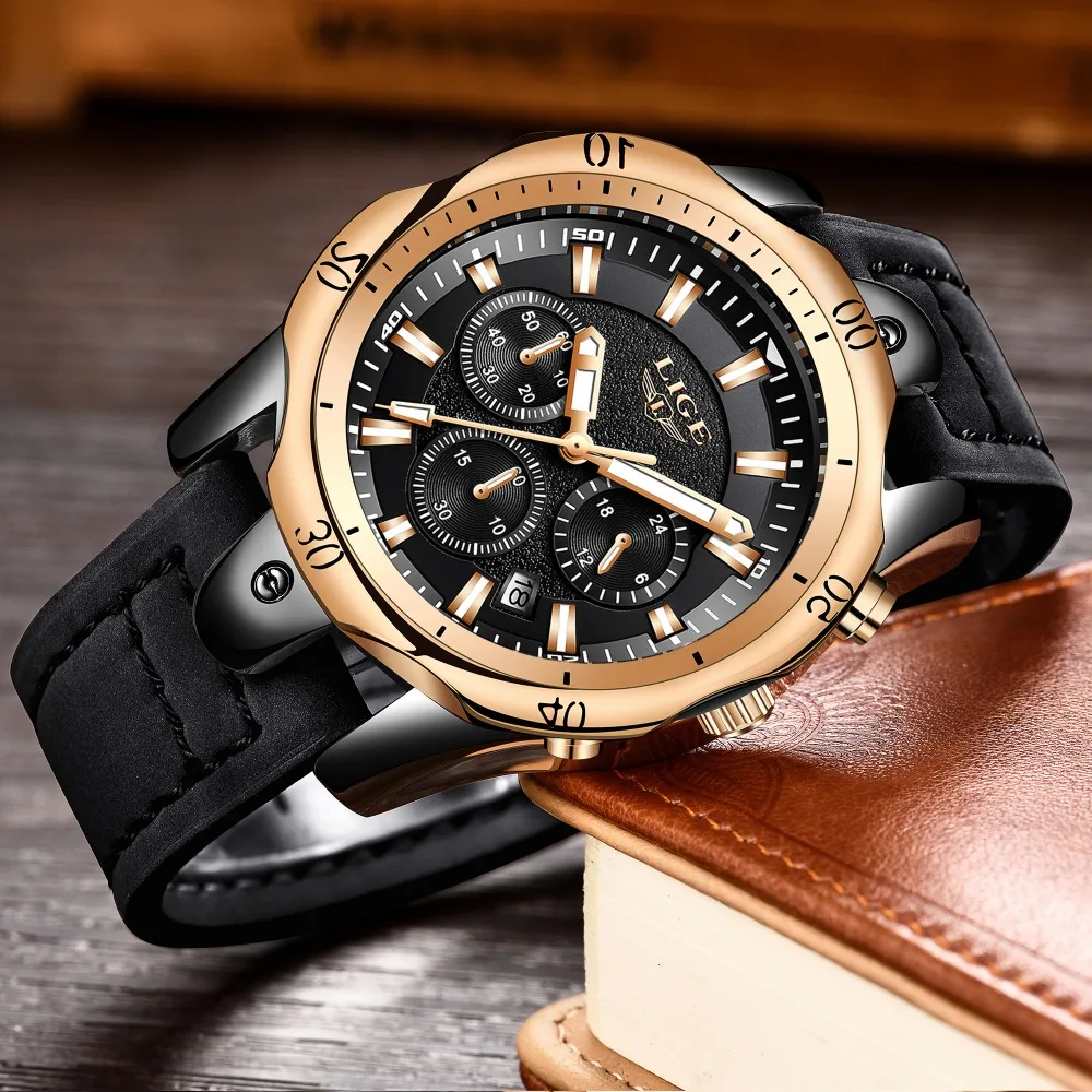 Alibaba stock quartz stainless steel back watch luxury lige watch men leather