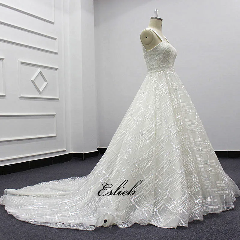 Vintage English style wedding dress wide strap pearls sash glitter wedding dress a line court train invisible back bridal gown