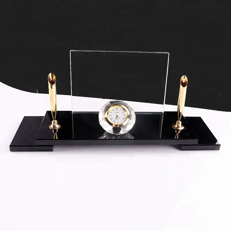 High quality Crystal pen stand / holder with clock for office desktop set crystal for office gifts