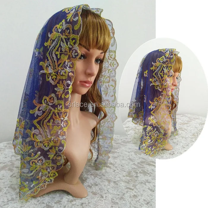 
Blue Mesh Colorful Embroidery Spanish Lace Mantilla Catholic Lace Veil Wedding Lace Mantilla 