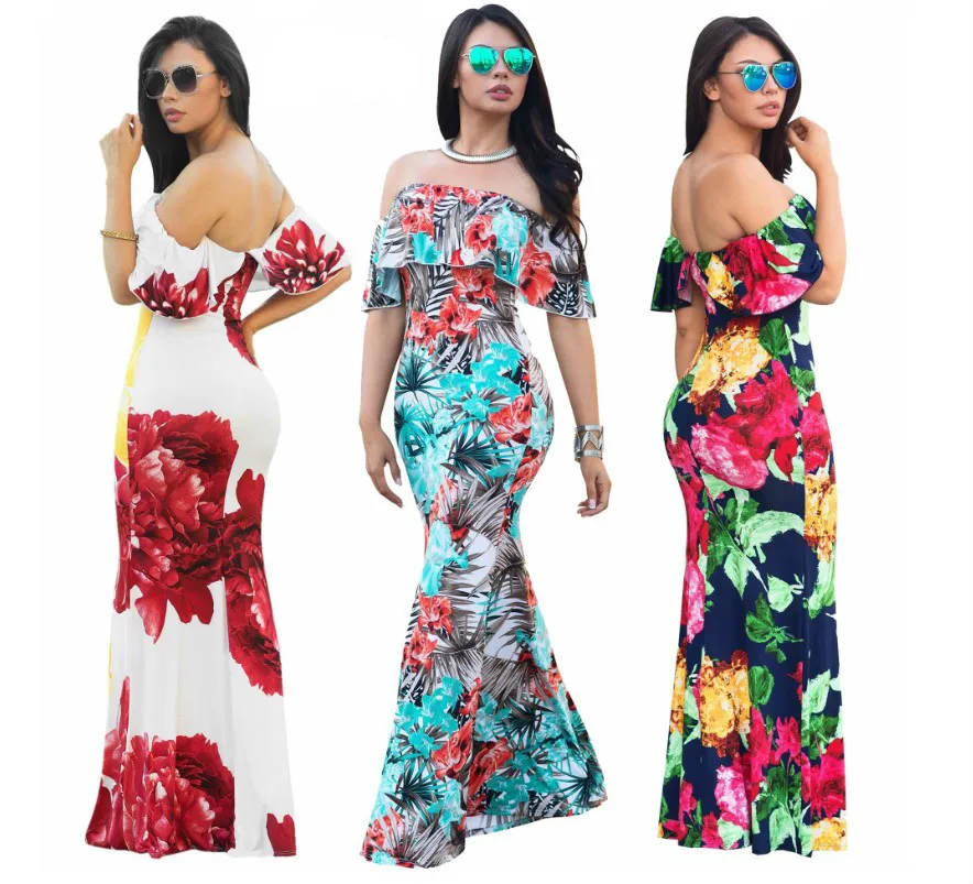 
Young Lady Clothing Sweet Girl Floral Patton One-shoulder Beach Dress 