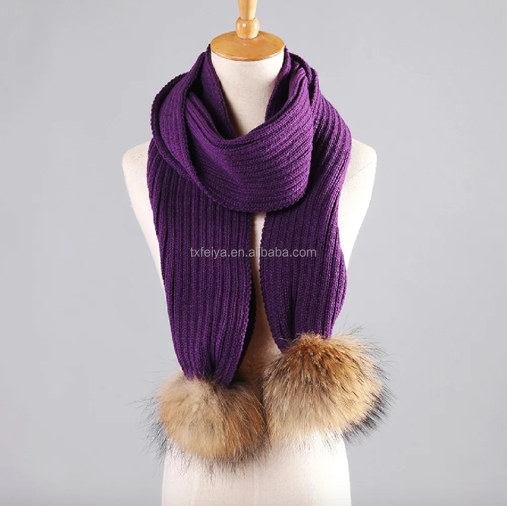 Winter Knit Scarf With Detachable Real Raccoon Fur Pom Poms UK Style Knitted Scarves
