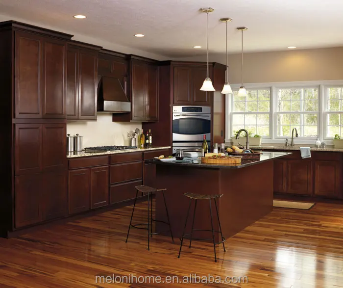 Solid Oak Timber Kitchen Set with Quartz Countertop,Waterproof Cabinets in Dark Wood