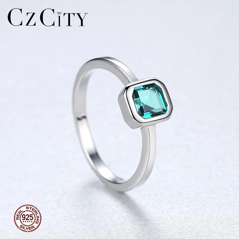 CZCITY Sterling Silver Woman Jewelry Emrald Princess 925 Square Emerald Stone Girl Gemstone Ring Fashion