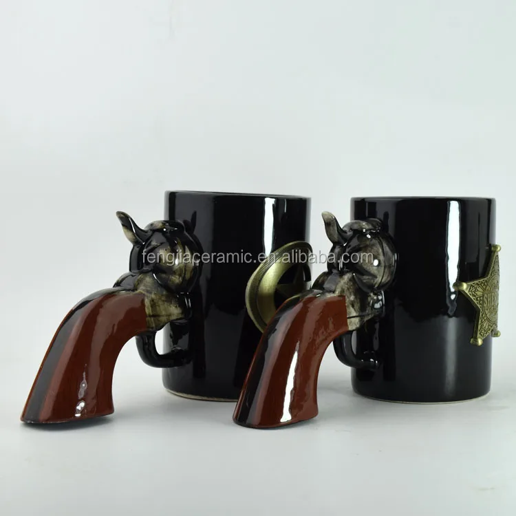 Ceramic mug custom design black mug with gun handle and metal logo