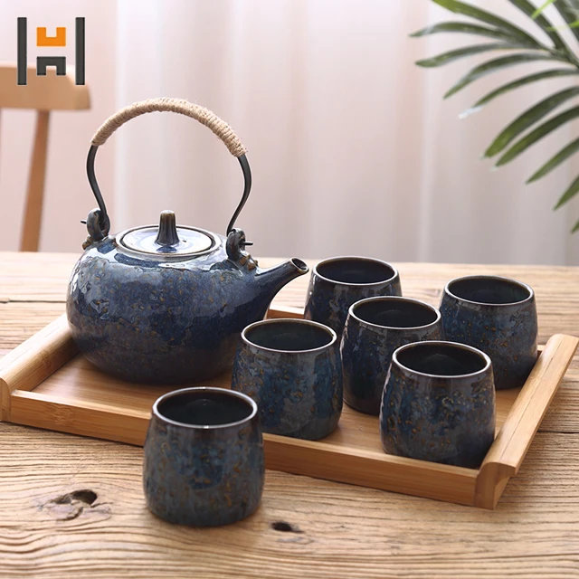 Antique Porcelain Japanese Tea Set with 6 Cups and Wooden Stand