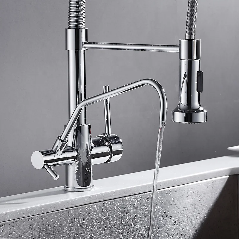 New Design Pull out 360 Free Swivel Kitchen Faucet Brass Chrome finished Single Hole Hot And Cold Mixer Taps Faucet XiRi-8860