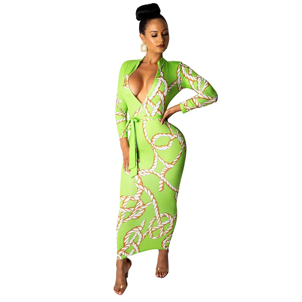 Женское пляжное длинное платье макси с принтом цепей и глубоким V-образным вырезом, новое дизайнерское богемное платье с длинным рукавом 2019 июня