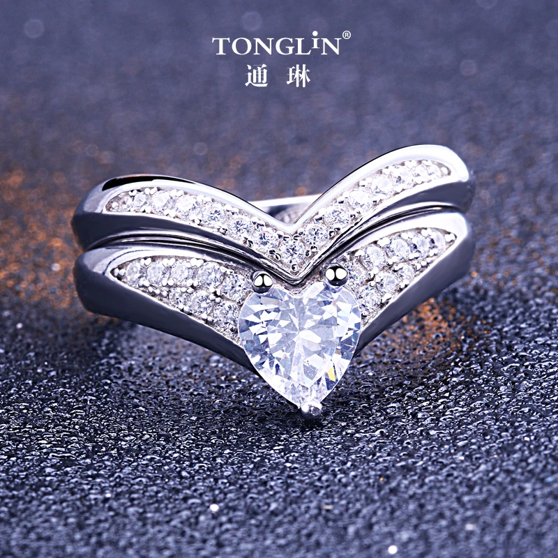 Wholesales hot sale popular style 925 silver V shape Bridal jewelry Wedding ring set