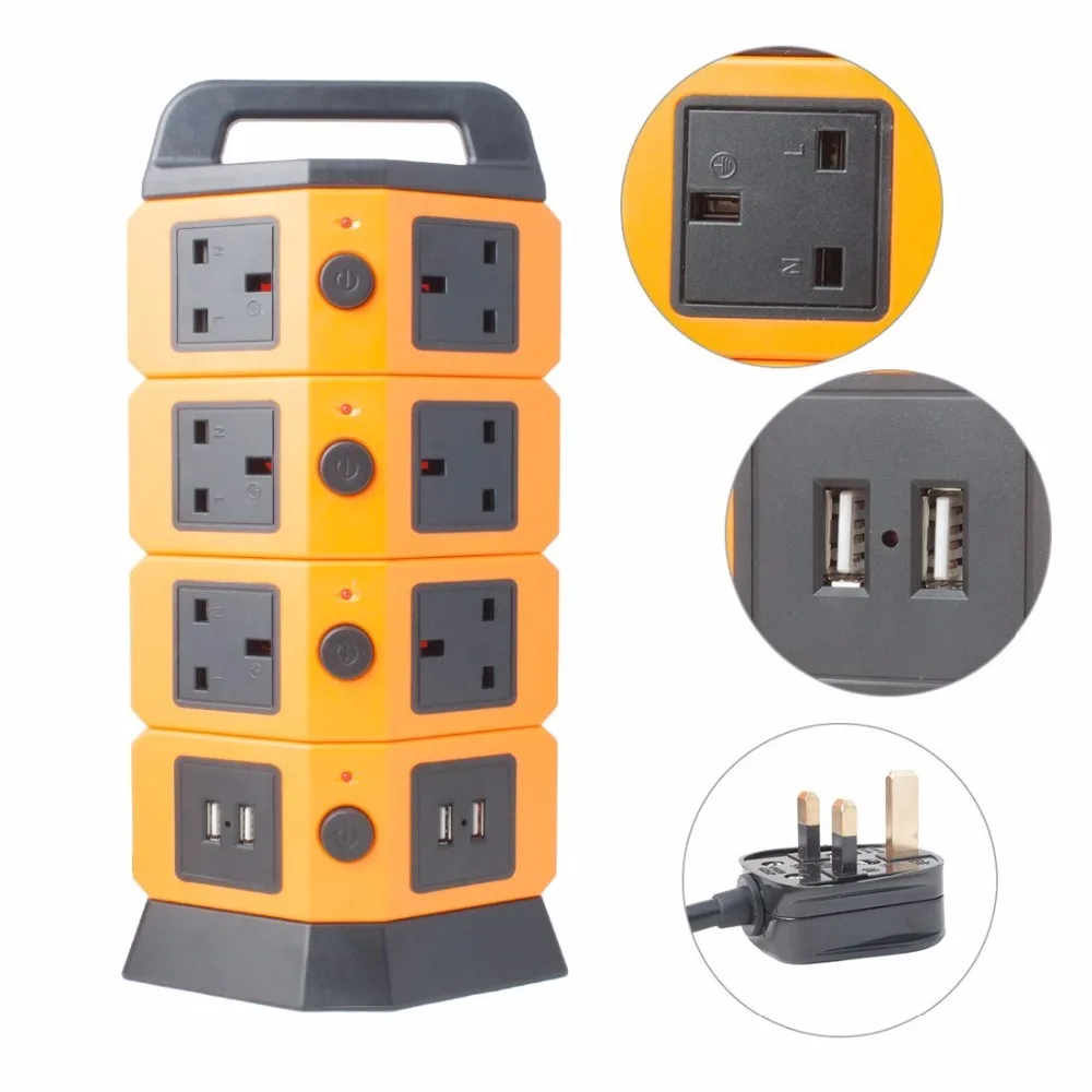 
Tower Power Strip 2500W Smart Socket Surge Protector 10 UK Socket 4 USB Charging Station 6.5ft Extension Cord Orange 