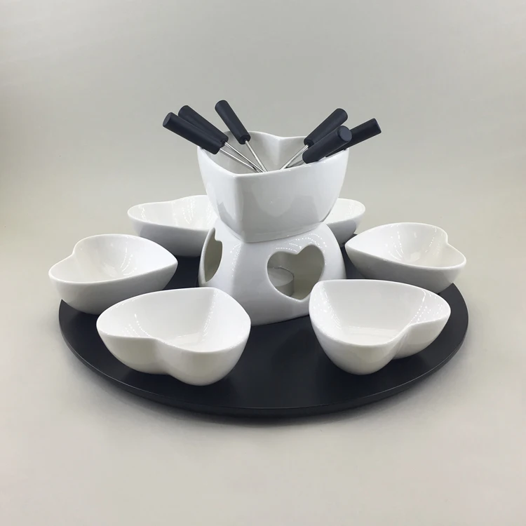 New arrival modern restaurant white ceramic chocolate fondue pot set with bamboo base