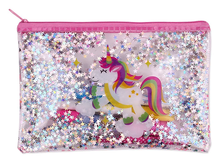 Licheng BX535 Liquid Glitter Pencil Case, Clear PVC Unicorn Girls Pencil Case