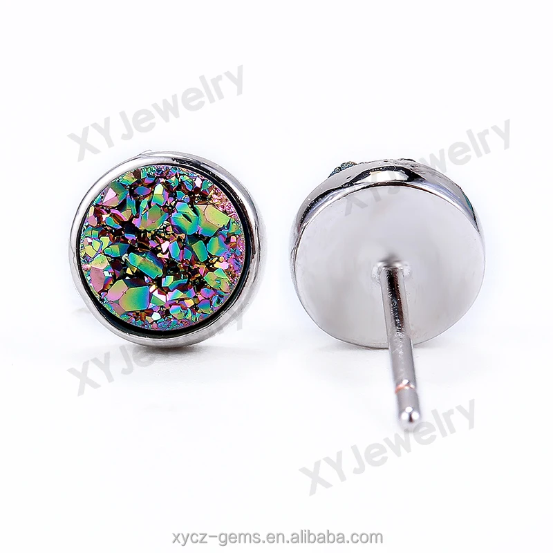 rose  gold plated natural rainbow green earring natural drusy agate stud earrings for girls