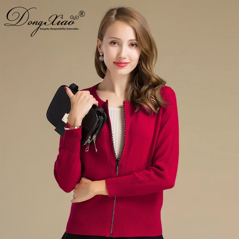 Hand Knit Zip Sweater Long Sleeve 100% Cashmere Cardigan Women