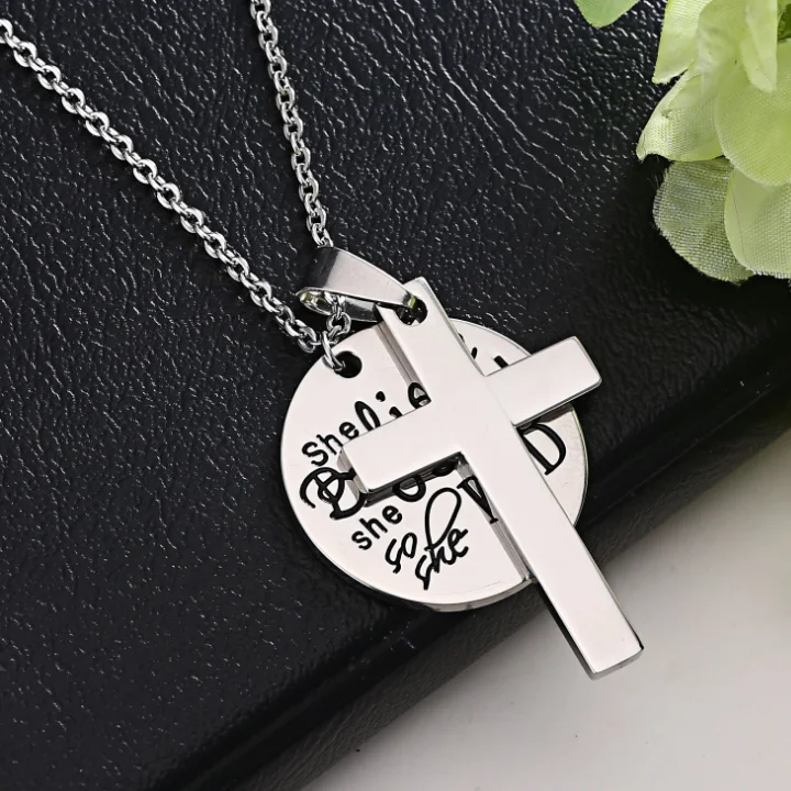 wholesale silver jewelry cross pendant necklace custom coin engraved she believe she could so she did necklace