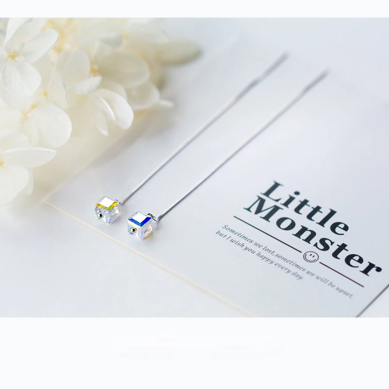 925 Sterling Silver Colorful Square Crystal Ear Wire Stud Earrings Jewelry Wholesale