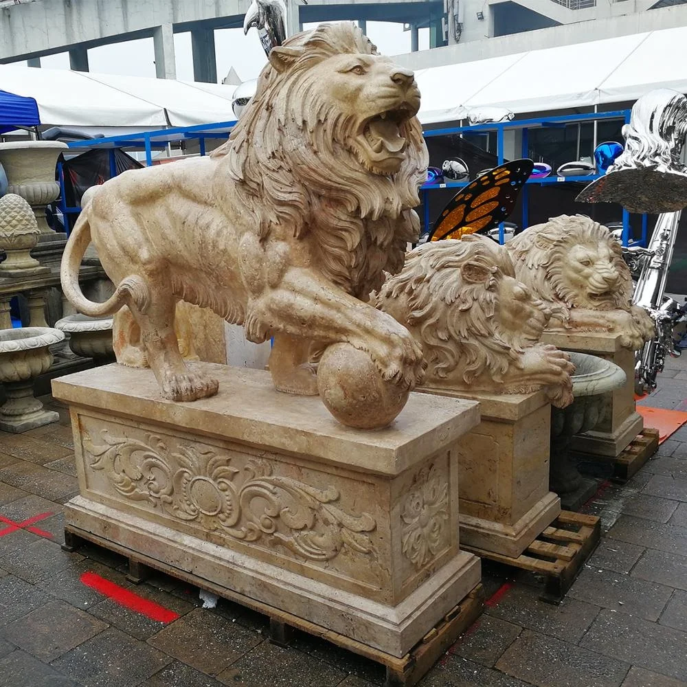 Stone Lions Statue Hot Sale Chinese Natural Stone Color Travertine Sh-shenghua 1 Pair CN;HEB Am-002 Environment-frendly