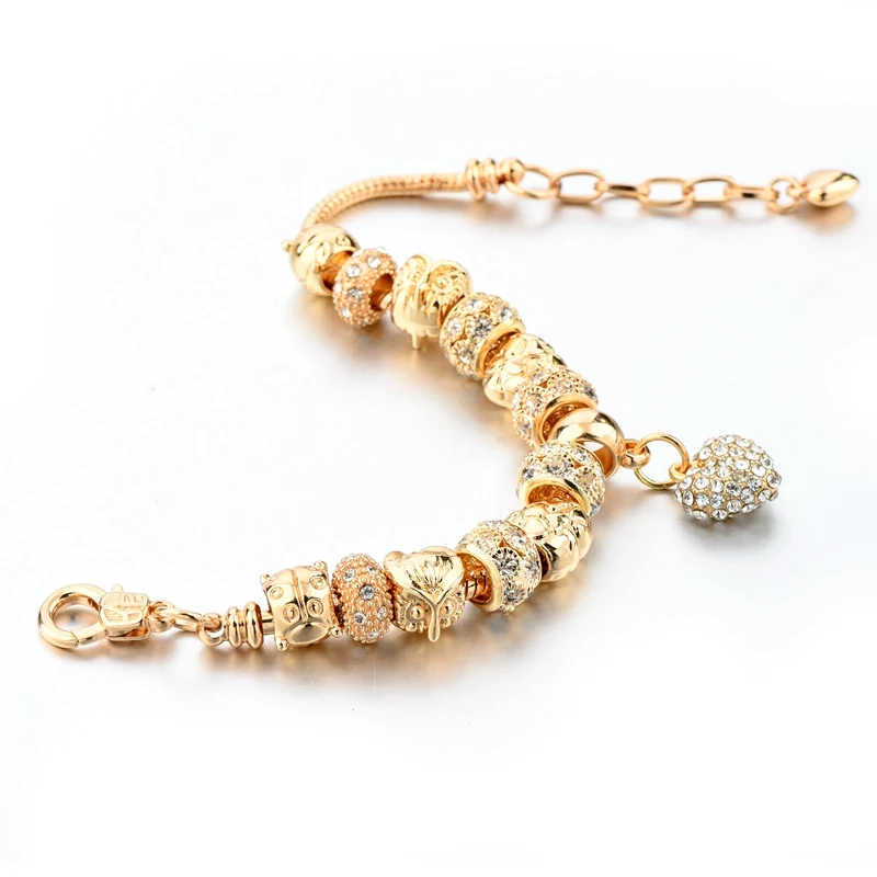 Murano glass beads gold  pendant bracelet with crystal heart pendant charm bracelet