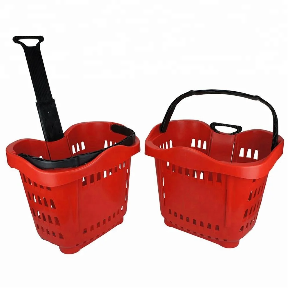 55Liters plastic shopping basket from china with 2 wheels 1 handle