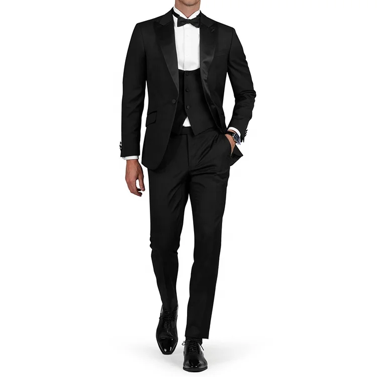 MTM worsted Italian classic slim wedding tuxedo U-shaped lapel vest waistcoat pants black dress mens party wear suits