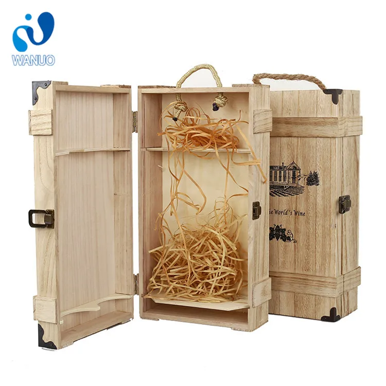 WanuoCraft 2 Bottles Paulownia Handmade Wooden Wine Storage Crate Box Wine Bottle Wood Box