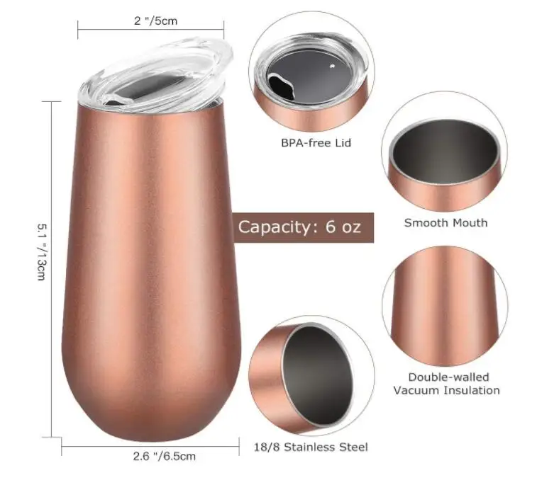 Stainless Steel Double-insulated Stemless Champagne Flutes tumbler 6 OZ LOVE Patterns Reusable Cocktail CupsToasting Glasses