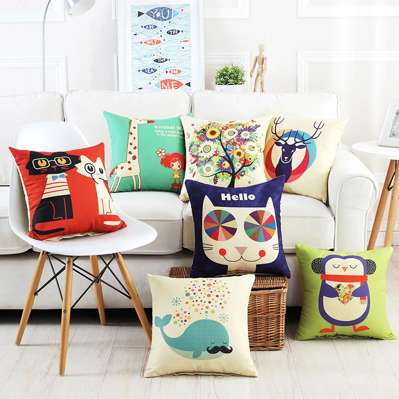 Wholesale Lovely Animal Printed Plain Natural Linen Cushion Cover With Office