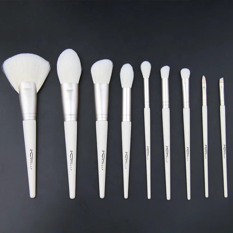 Custom Vegan Handmade Makeup Brush Set 9 Pcs White Handle Vegan Make Up Brushes With Pouch