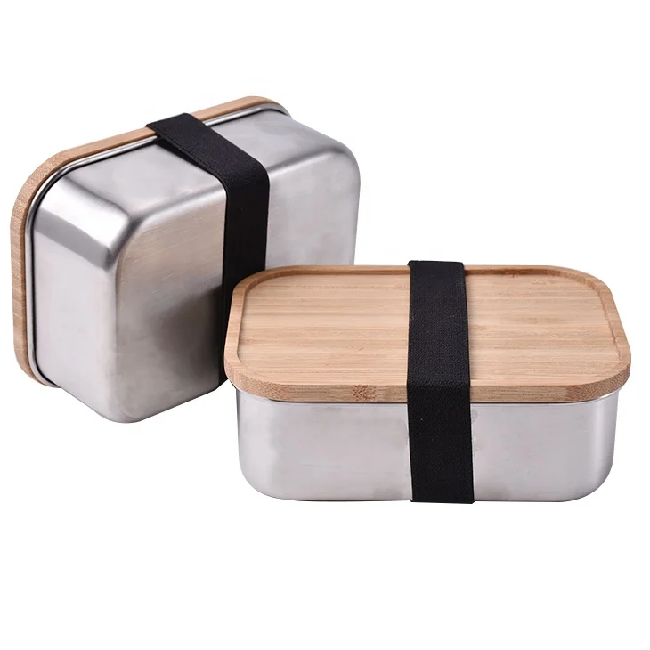 2021 800 1000 ml rectangle tableware air tight bamboo lid stainless steel lunchbox food container eco friendly with elastic belt