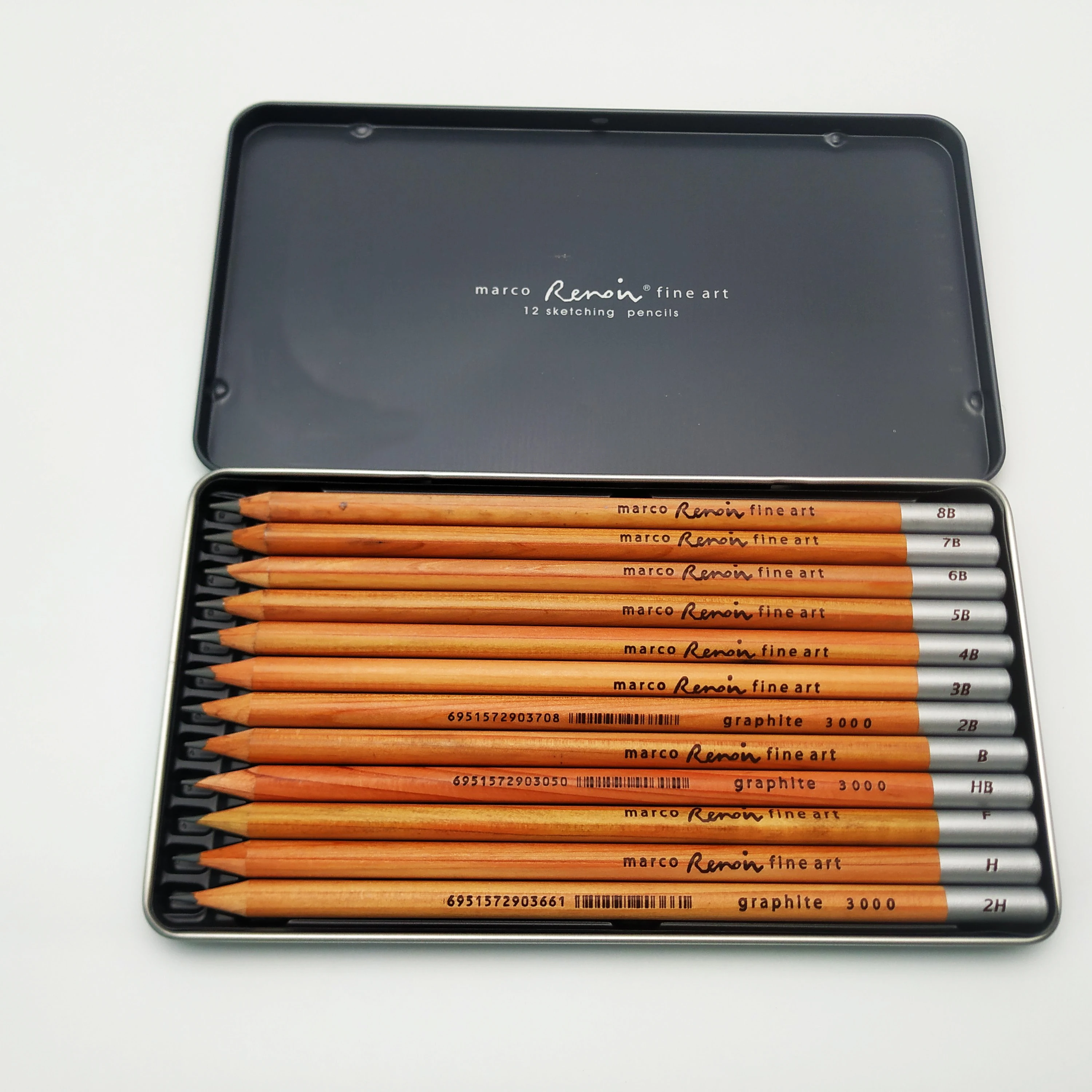 
Hot Sell Customized Logo Printed 12 PCS Sketching Pencils Set 2B 3B 4B Wooden Art Pencils With Metal Box 