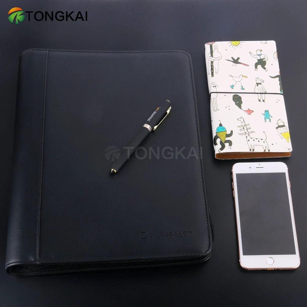 Custom Executive Padfolio - A4 Zippered Black PU Leather Conference Document Holder Organizer Portfolio With  Notepad