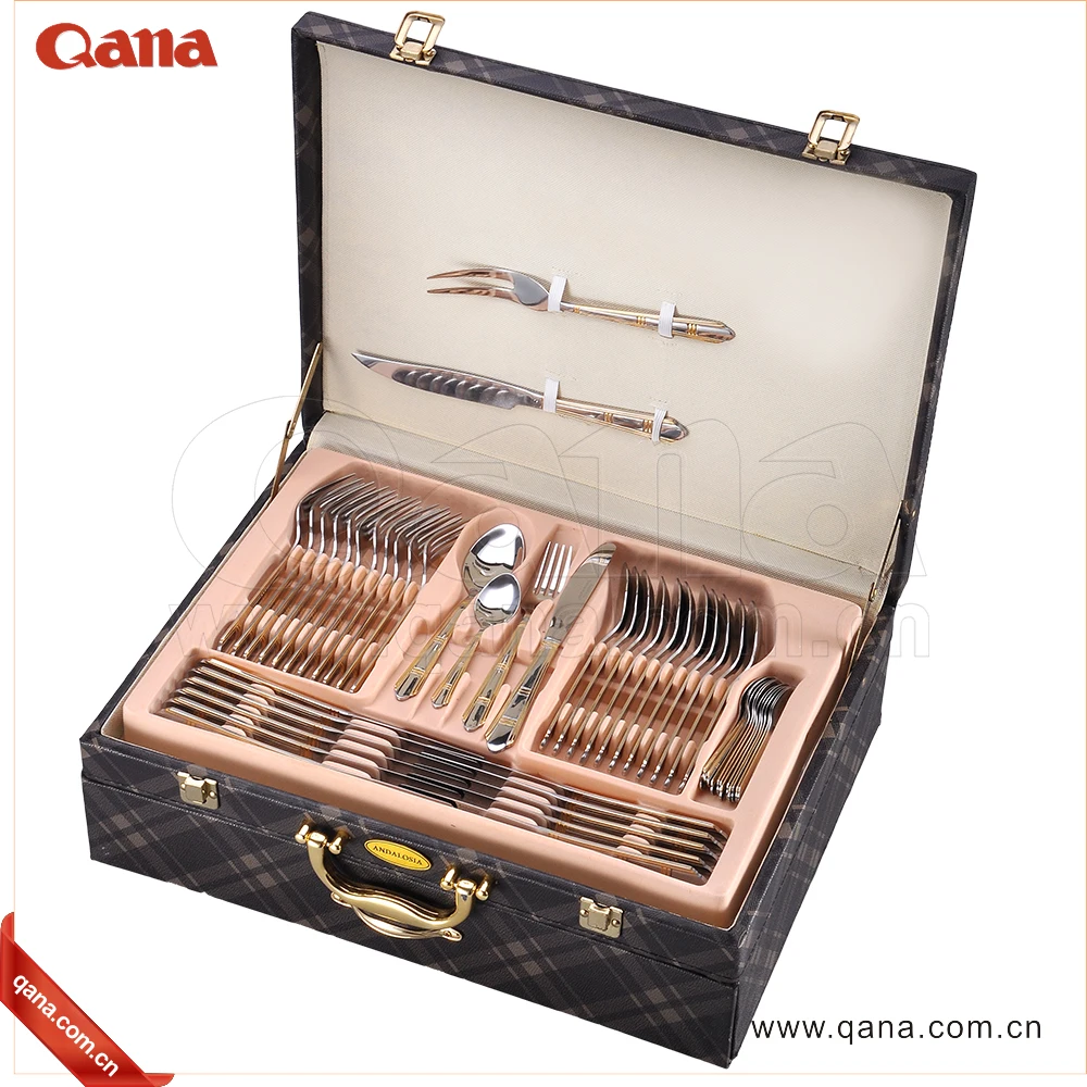 QANA Factory wholesale OEM Arabic style cutlery set high grade wedding gift gold plated cutlery set with wooden leather case